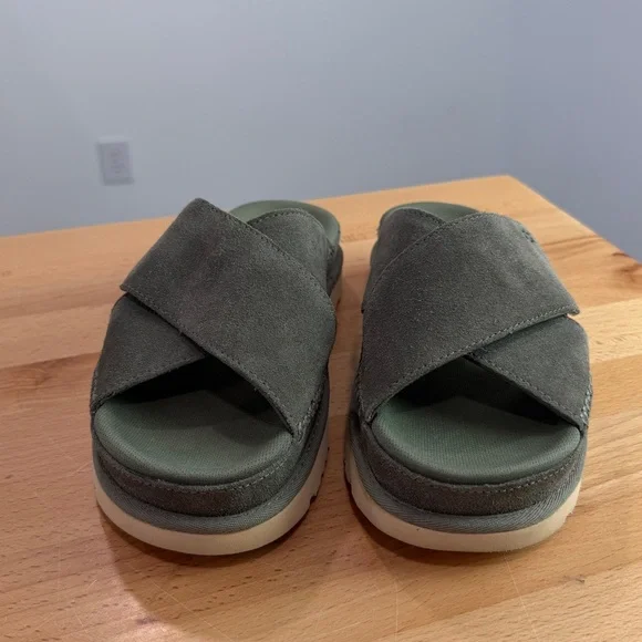 UGG Goldenstar Cross Slide Suede Minimalist Platform Sandal Green Size 7.5 - Picture 4 of 10